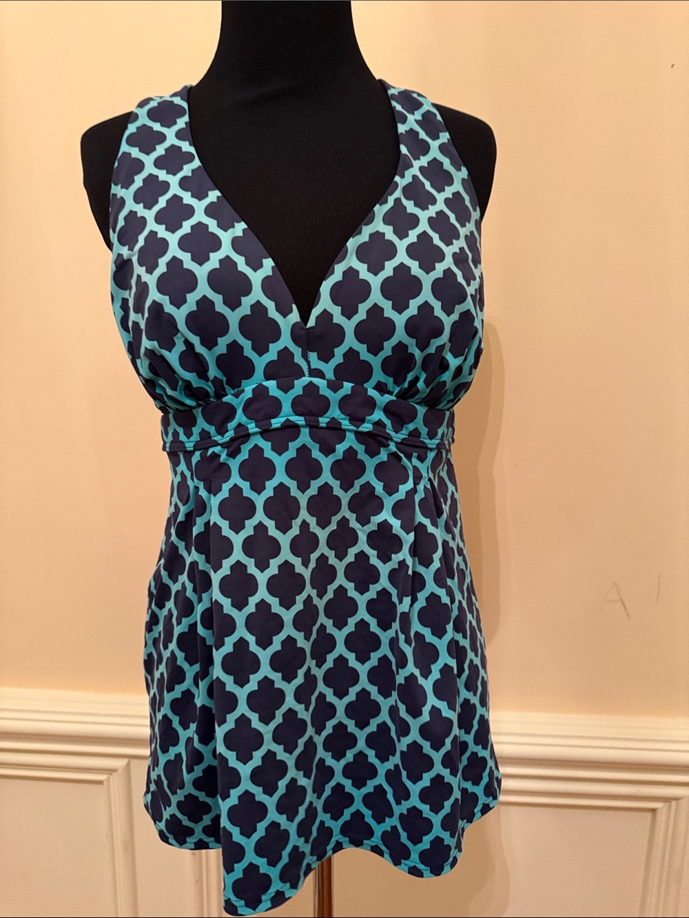 Lands' End Navy and Aqua V‑Neck Swim‎ Tunic Size 10